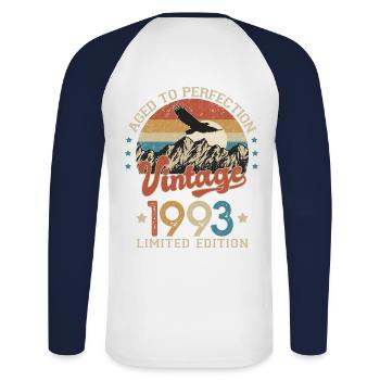 1993 Humour anniversaire 30 ans âge perfection - T-shirt baseball manches longues Homme - blanc/marine - Dos - Nik (191cm)
