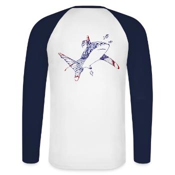 Tatouage de plongée requin plongeur - T-shirt baseball manches longues Homme - blanc/marine - Dos - Nik (191cm)