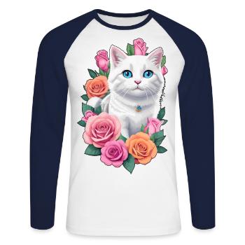 Katze mit Rosen - Unisex Baseballshirt langarm - Weiß/Navy - Vorne - Nik (191cm)