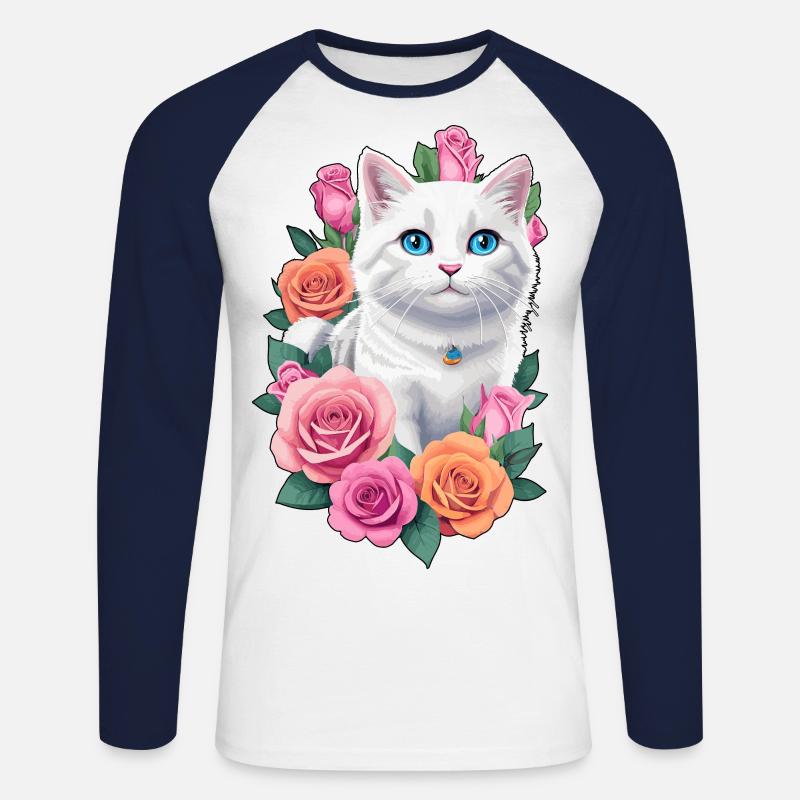 Katze mit Rosen - Unisex Baseballshirt langarm - Weiß/Navy