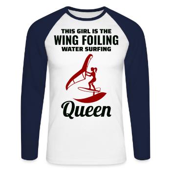 Wing Foiling Hydrofoil Surfing Surf Water Sport - T-shirt baseball manches longues Homme - blanc/marine - Devant - Nik (191cm)