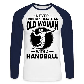 Alte Handballspielerin Handballspielerin Mama Oma - Unisex Baseballshirt langarm - Weiß/Navy - Vorne - Nik (191cm)
