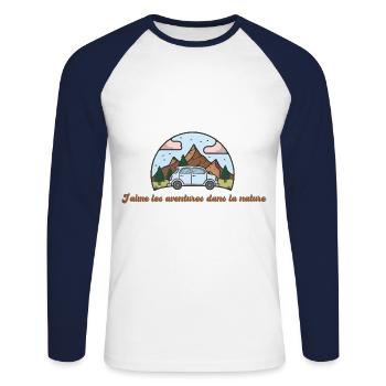 J'aime les aventures dans la nature - T-shirt baseball manches longues Homme - blanc/marine - Devant - Nik (191cm)