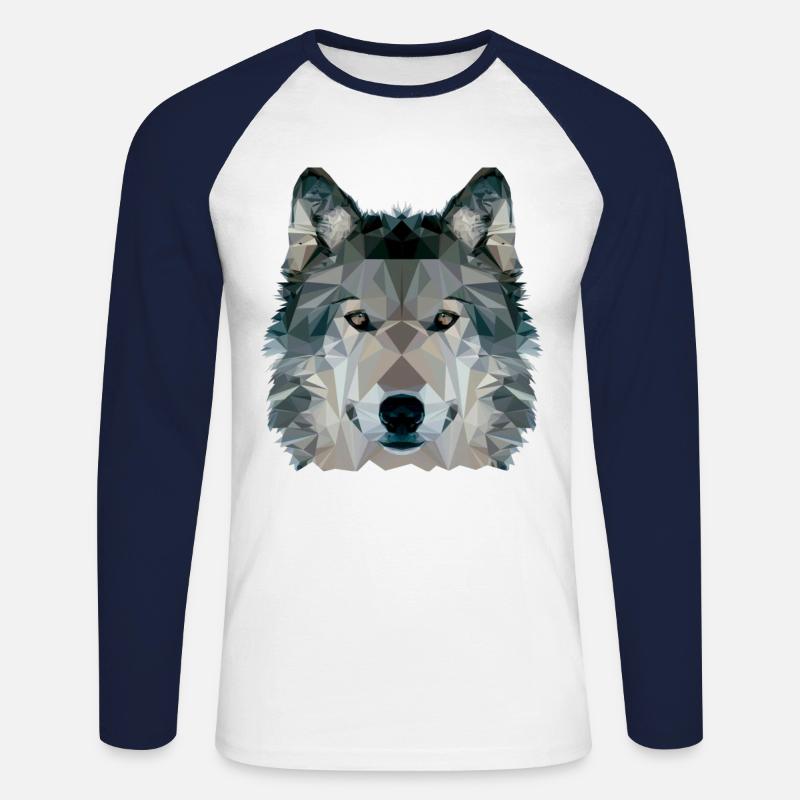 Wolf Face Low Poly Design, Wolf Face Clip art - Unisex Long Sleeve Baseball T-Shirt - white/navy