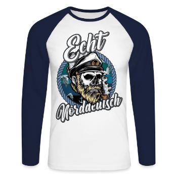 Echt Norddeutsch Shirt bedruckt - Unisex Baseballshirt langarm - Weiß/Navy - Vorne - Nik (191cm)