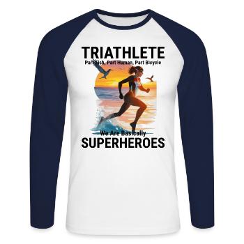 Schwimmen, Radfahren, Laufen, Triathlon, Triathlet, Leichtathletik - Unisex Baseballshirt langarm - Weiß/Navy - Vorne - Nik (191cm)
