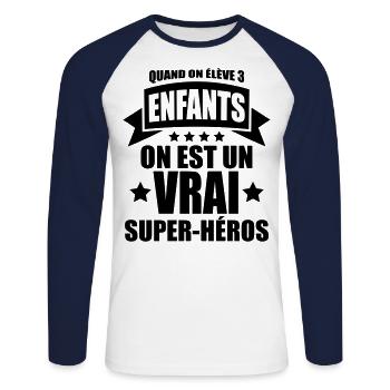 quand on élève 3 enfants on est un super-héros - T-shirt baseball manches longues Homme - blanc/marine - Devant - Nik (191cm)