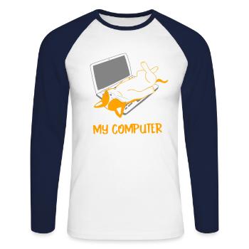 Chat couché sur un cadeau d'ordinateur portable - T-shirt baseball manches longues Homme - blanc/marine - Devant - Nik (191cm)