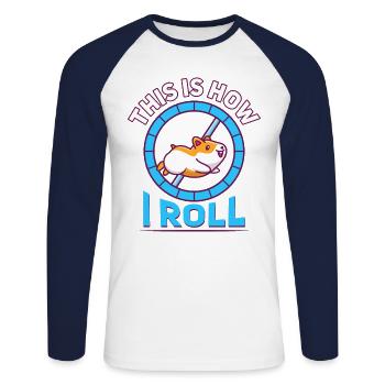 Funny this is how i roll hamster, Hamster, Roll - Unisex Baseballshirt langarm - Weiß/Navy - Vorne - Nik (191cm)