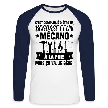 Un bogosse et un mécano - T-shirt baseball manches longues Homme - blanc/marine - Devant - Nik (191cm)