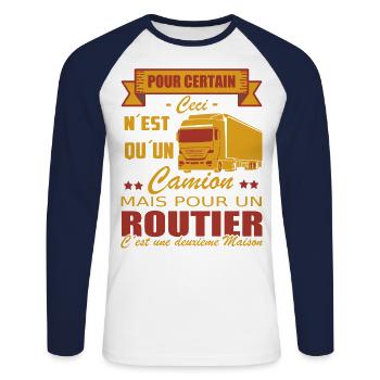 Routier Shirt • Mon Camion • Ma deuxième maison - T-shirt baseball manches longues Homme - blanc/marine - Devant - Nik (191cm)