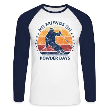 Skieur disant Pas d’amis dans la poudreuse - T-shirt baseball manches longues Homme - blanc/marine - Devant - Nik (191cm)