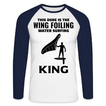 Wing Foiling Hydrofoil Surfing Surf Water Sport - Unisex Long Sleeve Baseball T-Shirt - white/navy - Front - Nik (191cm)