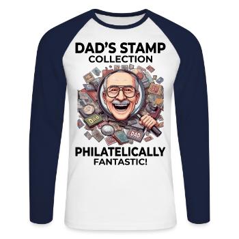 Timbre-poste vintage Collector Papa Philatéliste - T-shirt baseball manches longues Homme - blanc/marine - Devant - Nik (191cm)