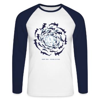 Grandes mers - Plongée sous-marine - Requin-marteau - T-shirt baseball manches longues Homme - blanc/marine - Devant - Nik (191cm)