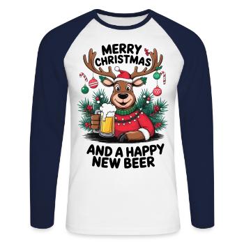 Rentier Bier Weihnachten Neujahr Silvester lustig - Unisex Baseballshirt langarm - Weiß/Navy - Vorne - Nik (191cm)