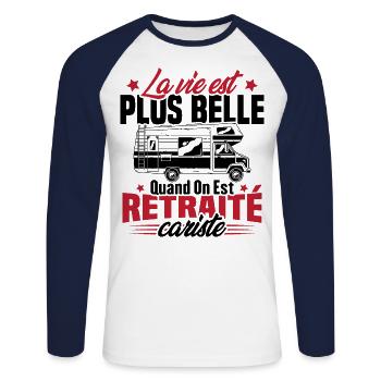 Retraité et camping-cariste - T-shirt baseball manches longues Homme - blanc/marine - Devant - Nik (191cm)