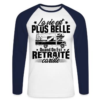 Retraité et camping-cariste - T-shirt baseball manches longues Homme - blanc/marine - Devant - Nik (191cm)