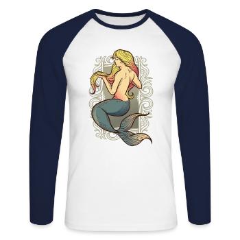 Meerjungfrau t-shirt Geschenk Meer Ozean - Unisex Baseballshirt langarm - Weiß/Navy - Vorne - Nik (191cm)
