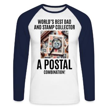 Timbre-poste vintage Collector Papa Philatéliste - T-shirt baseball manches longues Homme - blanc/marine - Devant - Nik (191cm)