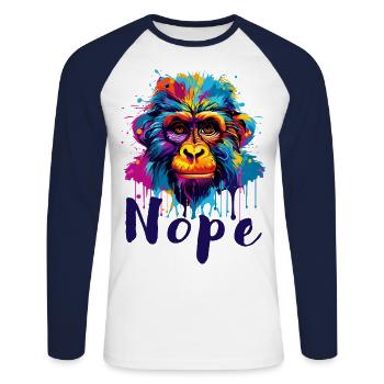 Singe - Non - Non - Je m’en fiche - T-shirt baseball manches longues Homme - blanc/marine - Devant - Nik (191cm)
