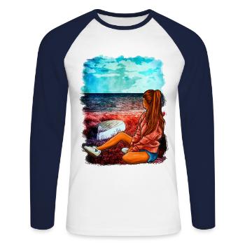 Strand Meer Mädchen Illustration | Yolo- Artwork - Unisex Baseballshirt langarm - Weiß/Navy - Vorne - Nik (191cm)