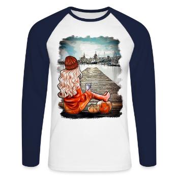 Blondine Skyline Rostock |Bambisart - Unisex Baseballshirt langarm - Weiß/Navy - Vorne - Nik (191cm)