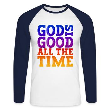 Jesus Christ Shirt - God is good all the Time 01 - Unisex Long Sleeve Baseball T-Shirt - white/navy - Front - Nik (191cm)