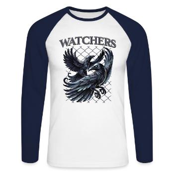 Rabe, Hugin, Munin - Unisex Baseballshirt langarm - Weiß/Navy - Vorne - Nik (191cm)