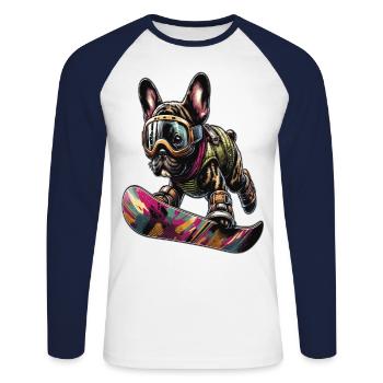 Französische Bulldogge, Snowboard - Unisex Baseballshirt langarm - Weiß/Navy - Vorne - Nik (191cm)