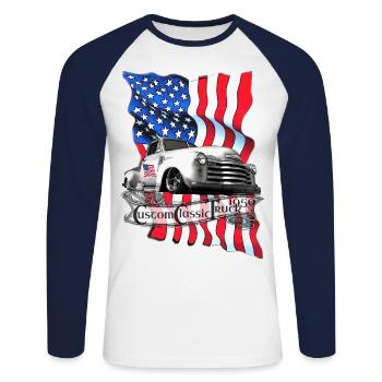 Camion classique vintage personnalisé 1950 propre - T-shirt baseball manches longues Homme - blanc/marine - Devant - Nik (191cm)