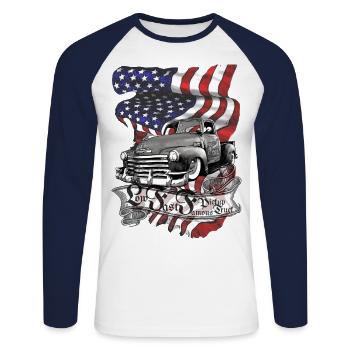 Tiefer schneller V8 US Pickup Smelled Oil Clean - Unisex Baseballshirt langarm - Weiß/Navy - Vorne - Nik (191cm)