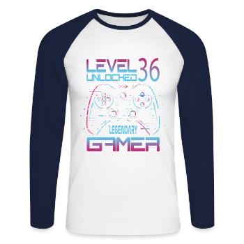 36th Birthday Level 36 Complete Retro Gamer - Unisex Long Sleeve Baseball T-Shirt - white/navy - Front - Nik (191cm)