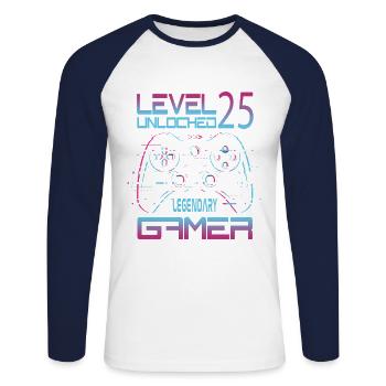 25th Birthday Level 25 Complete Retro Gamer - Unisex Long Sleeve Baseball T-Shirt - white/navy - Front - Nik (191cm)