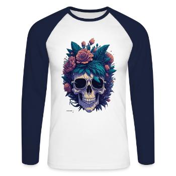 Floral Skull Splashdown: Dead Skull - T-shirt baseball manches longues Homme - blanc/marine - Devant - Nik (191cm)