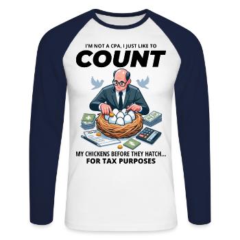 CPA Chick Counter: Humorous Tax Season Nesting Fun - Unisex Long Sleeve Baseball T-Shirt - white/navy - Front - Nik (191cm)