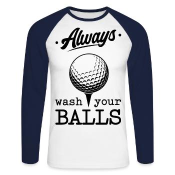 Always Wash Your Balls Golf Player Golfing Golfer - Unisex Baseballshirt langarm - Weiß/Navy - Vorne - Nik (191cm)