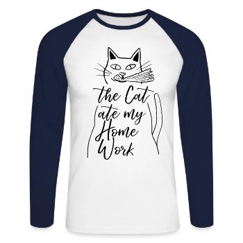 Le chat a mangé mes devoirs - T-shirt baseball manches longues Homme - blanc/marine - Devant - Nik (191cm)