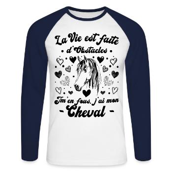 La Vie Est Faite D'obstacles - Équitation Cheval - T-shirt baseball manches longues Homme - blanc/marine - Devant - Nik (191cm)