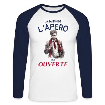 Apéro saison ouverte Homme drole - T-shirt baseball manches longues Homme - blanc/marine - Devant - Nik (191cm)