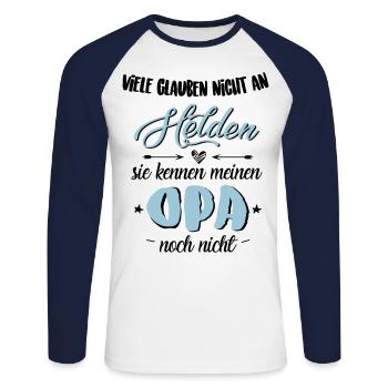 Opa Held - Unisex Baseballshirt langarm - Weiß/Navy - Vorne - Nik (191cm)