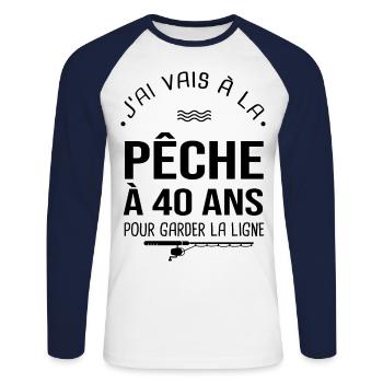 40 ans je vais à la pêche pour garder la ligne - T-shirt baseball manches longues Homme - blanc/marine - Devant - Nik (191cm)