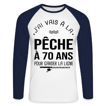 70 ans je vais à la pêche pour garder la ligne - T-shirt baseball manches longues Homme - blanc/marine - Devant - Nik (191cm)