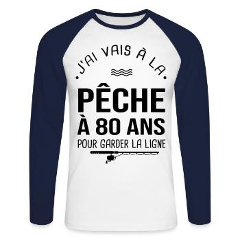80 ans je vais à la pêche pour garder la ligne - T-shirt baseball manches longues Homme - blanc/marine - Devant - Nik (191cm)