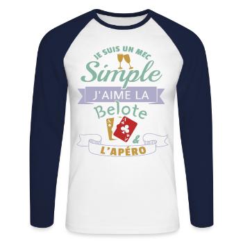 J´aime la belote et l apéro cadeau - T-shirt baseball manches longues Homme - blanc/marine - Devant - Nik (191cm)