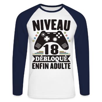 Niveau 18 Ans Débloqué Enfin Adulte Cadeau - T-shirt baseball manches longues Homme - blanc/marine - Devant - Nik (191cm)