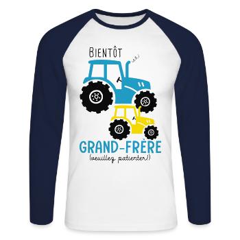 tracteur bientôt grande frère humour enfant bébé. - T-shirt baseball manches longues Homme - blanc/marine - Devant - Nik (191cm)