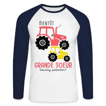 tracteur bientôt grande soeur humour enfant bébé - T-shirt baseball manches longues Homme - blanc/marine - Devant - Nik (191cm)