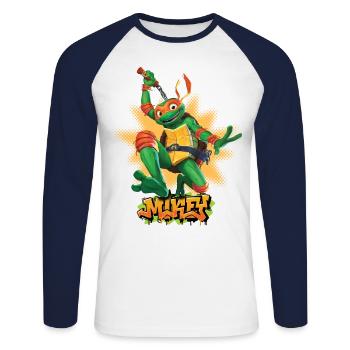 TMNT Mutant Mayhem Turtle Mikey - Unisex Baseballshirt langarm - Weiß/Navy - Vorne - Nik (191cm)