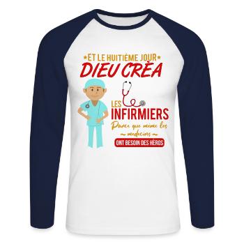Infirmier shirt • Hero • Infirmier Cadeau - T-shirt baseball manches longues Homme - blanc/marine - Devant - Nik (191cm)